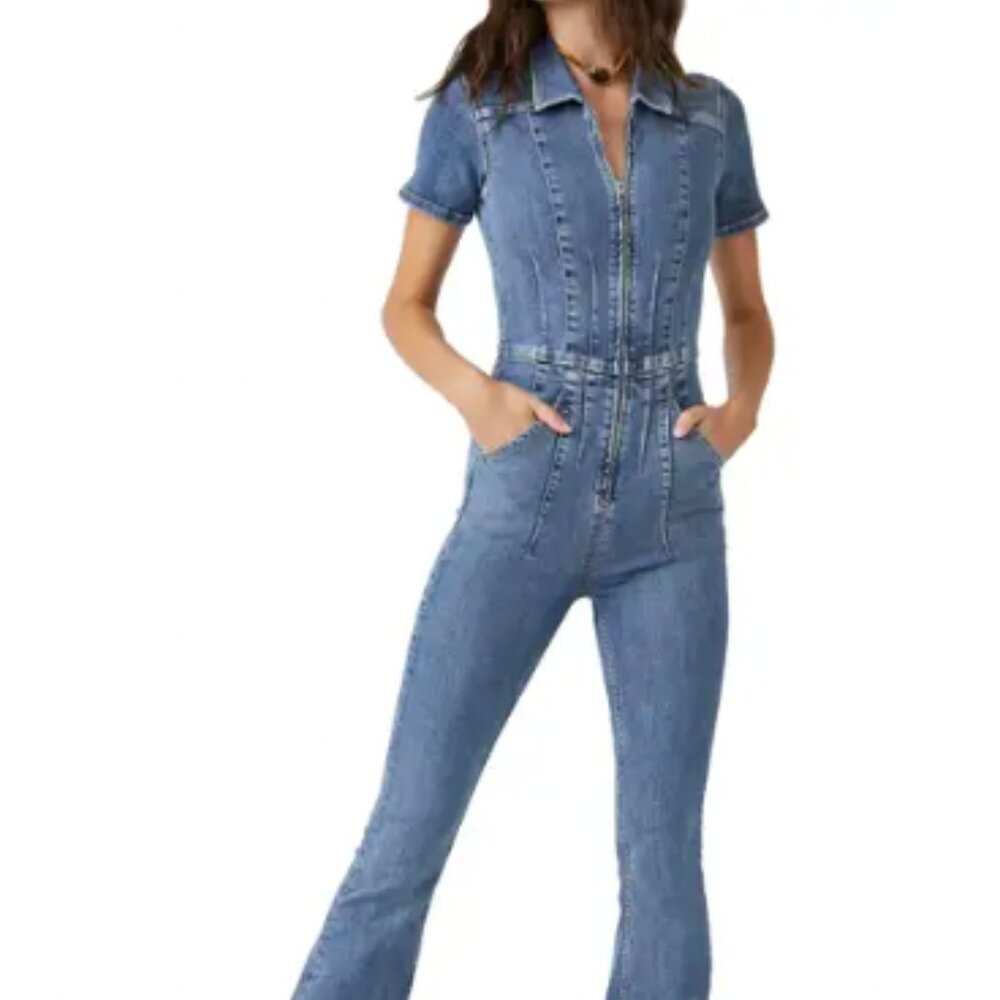 NWT Free People Jayde Denim Flared Jumpsuit XS